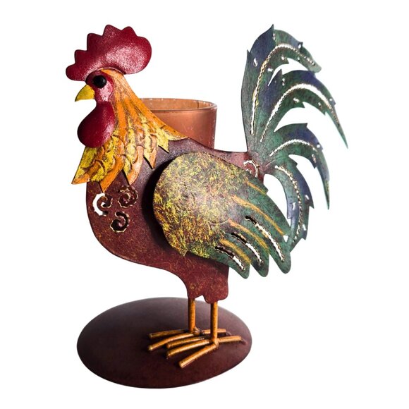 Rustic Metal Rooster Tea Light Farmhouse Candle Holder 6” Tall - Picture 4 of 5